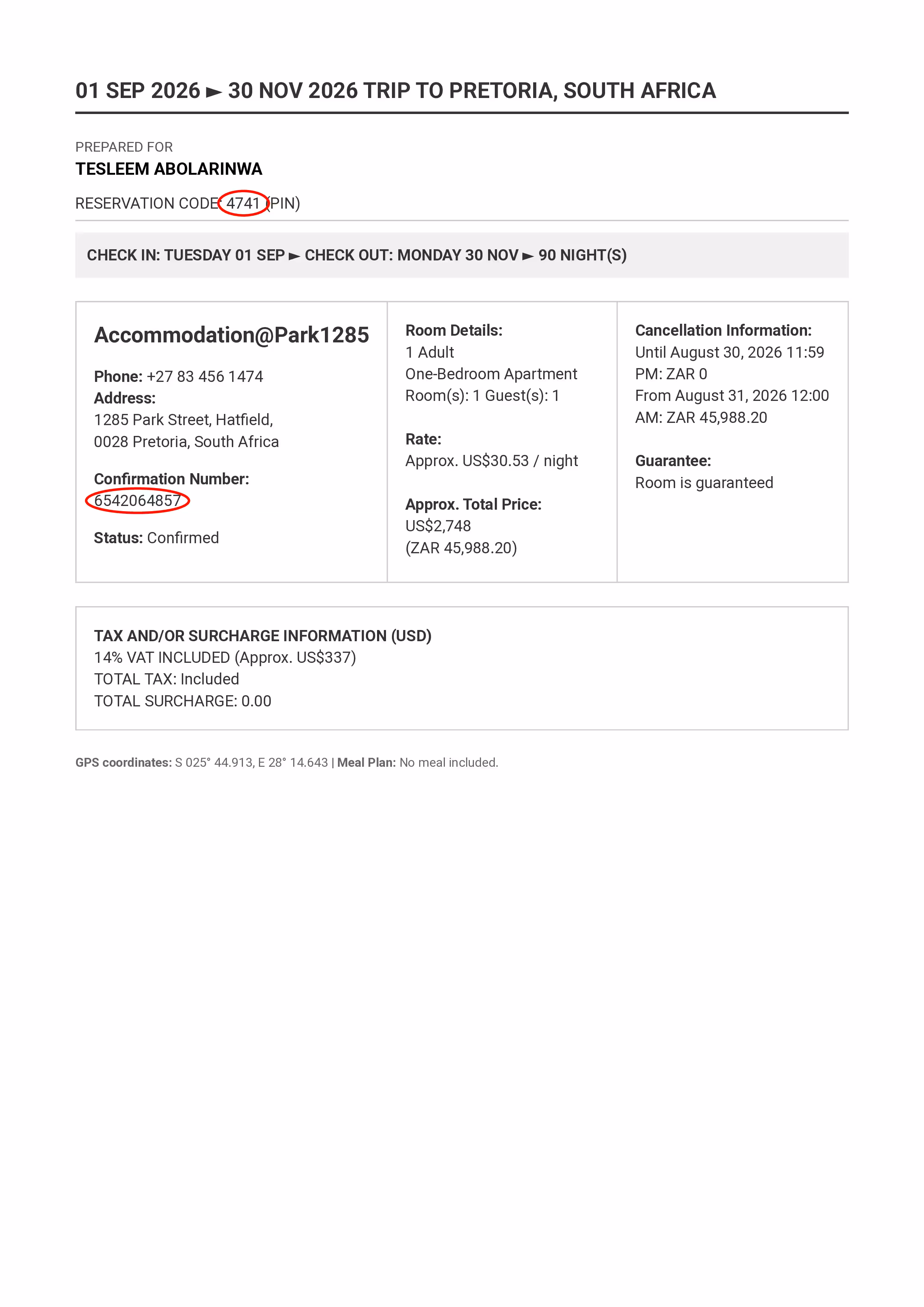 Hotel Confirmation Sample